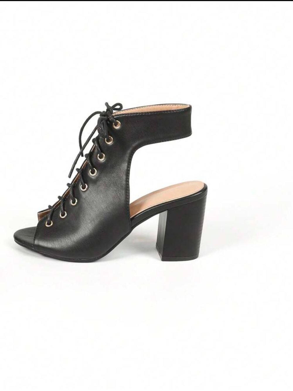 NEVER WORN: Black Lace-Up Peep Toe Block Heel Sandals - Picture 5 of 6
